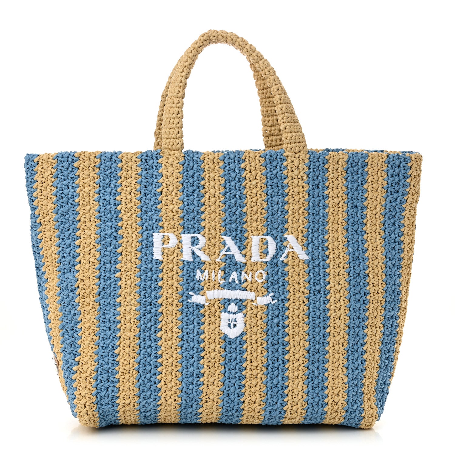 Prada Yarn Raffia Effect Crochet Striped Large Logo Tote Naturale Celeste 1 of 10