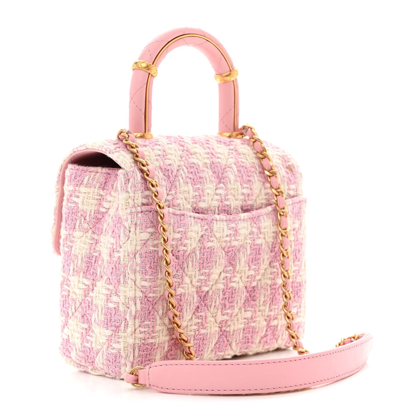 Tweed Handle Crush Top Handle Flap Bag Pink Ecru