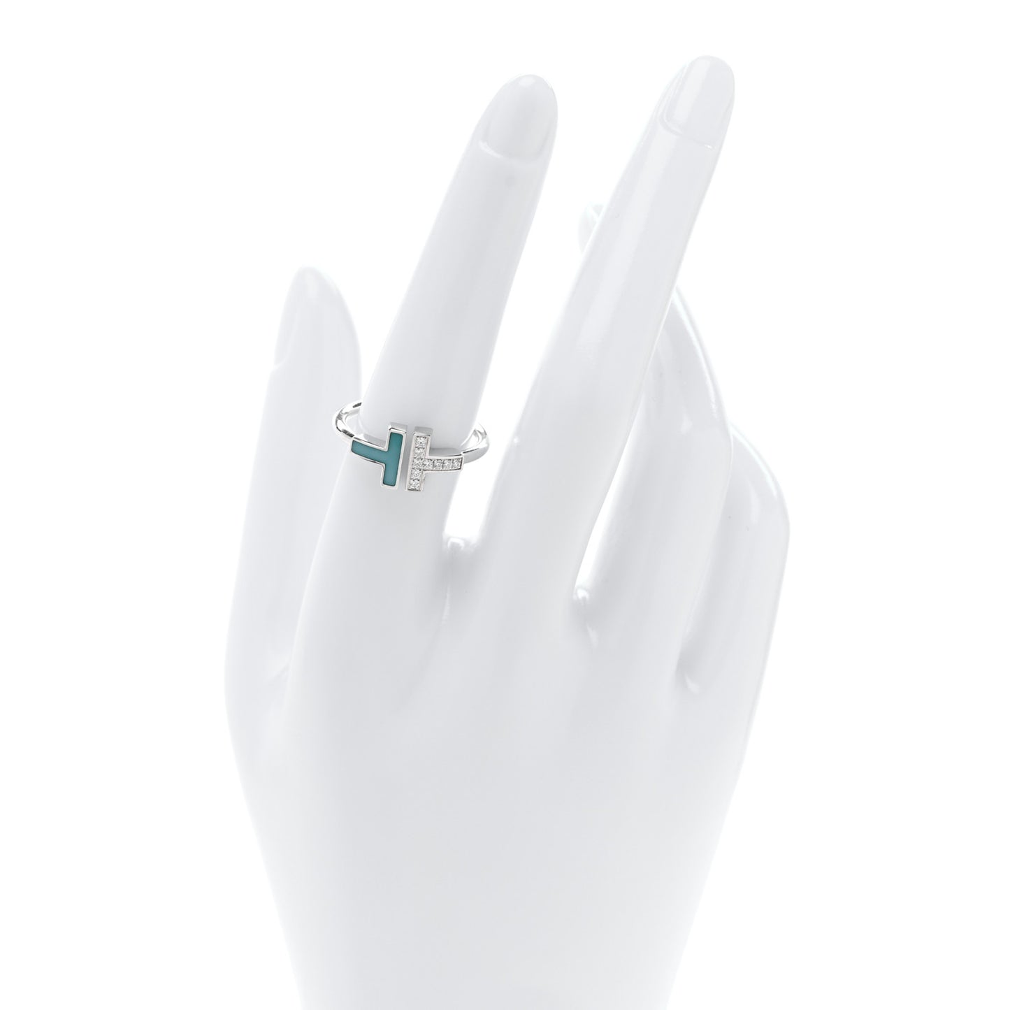 18K White Gold Diamond Turquoise T Wire Ring 56 7.75