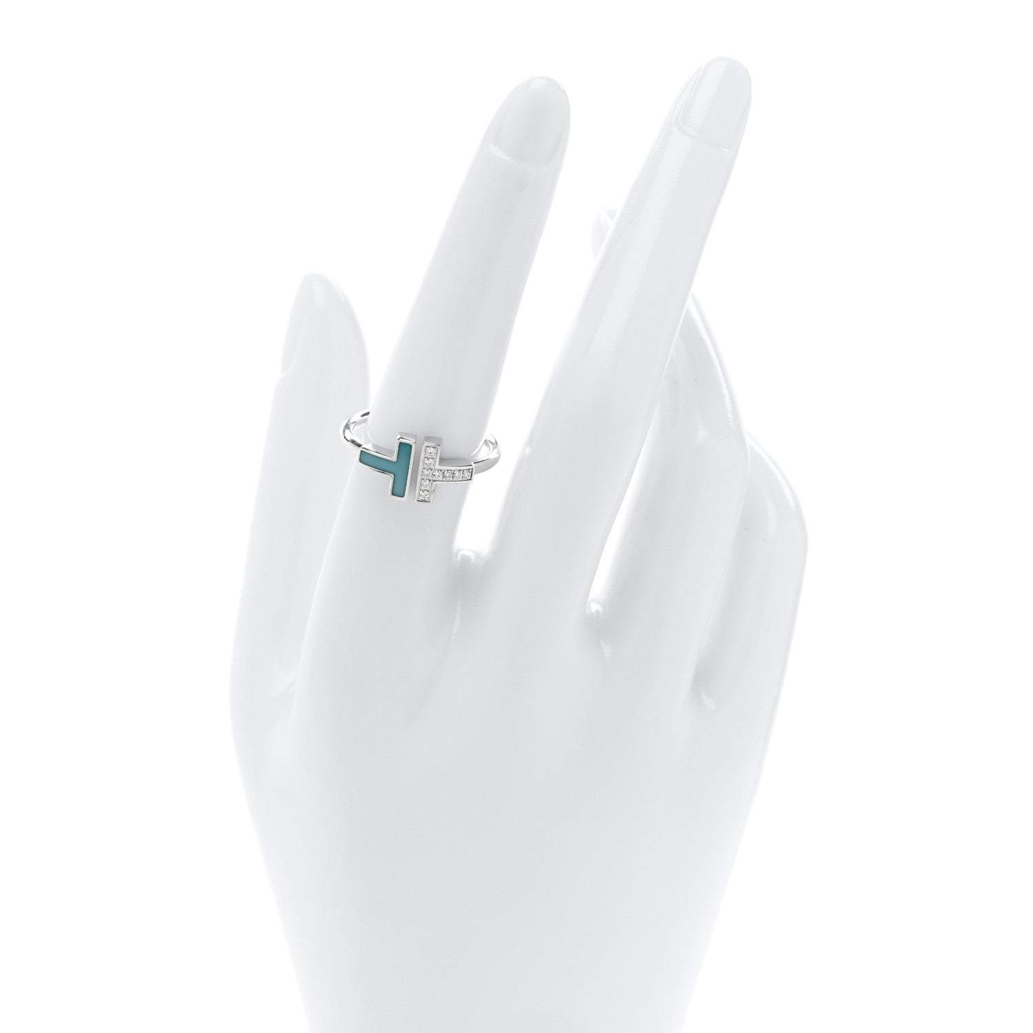 Tiffany 18K White Gold Diamond Turquoise T Wire Ring 56 7.75 2 of 5