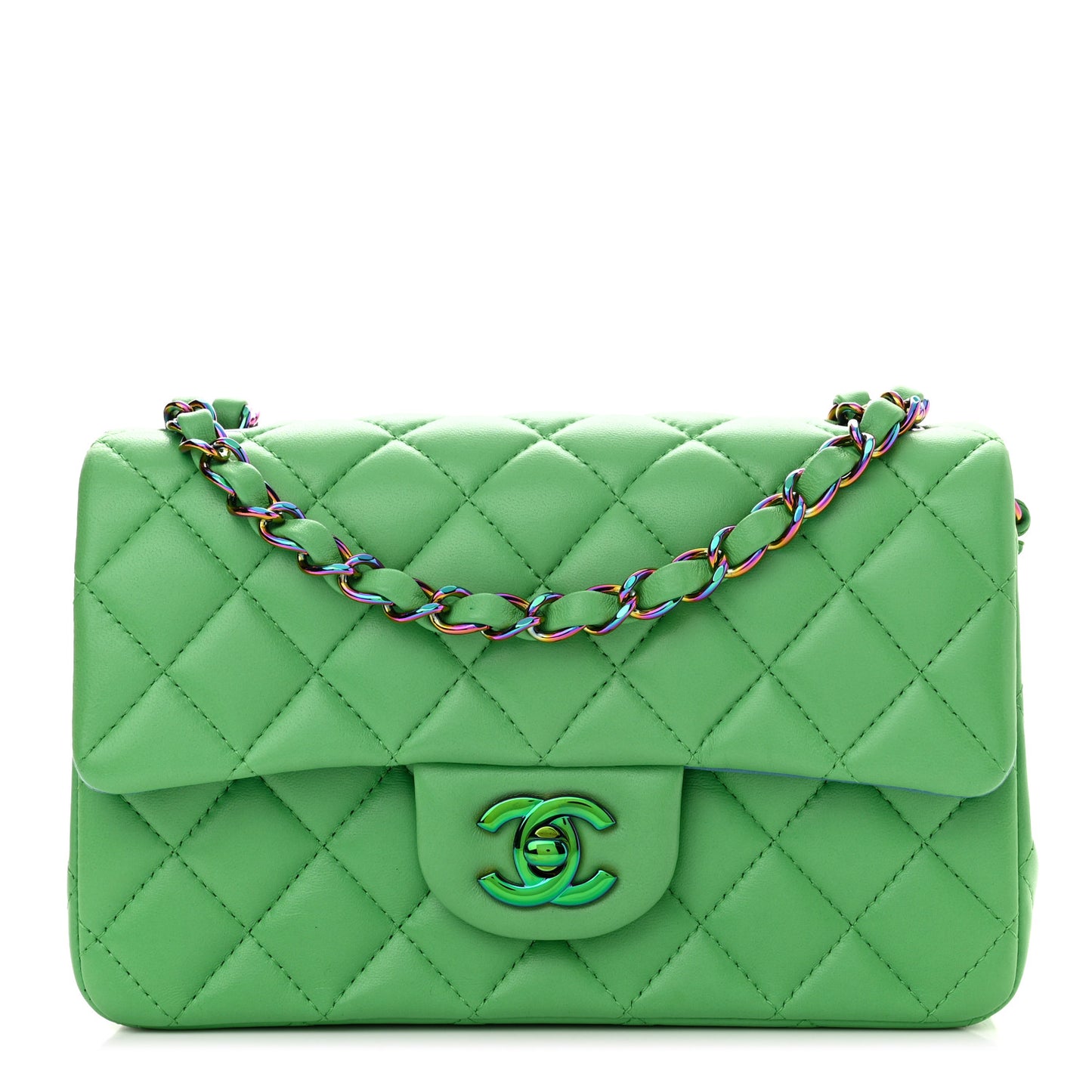 Lambskin Quilted Mini Rectangular Flap Green Blue