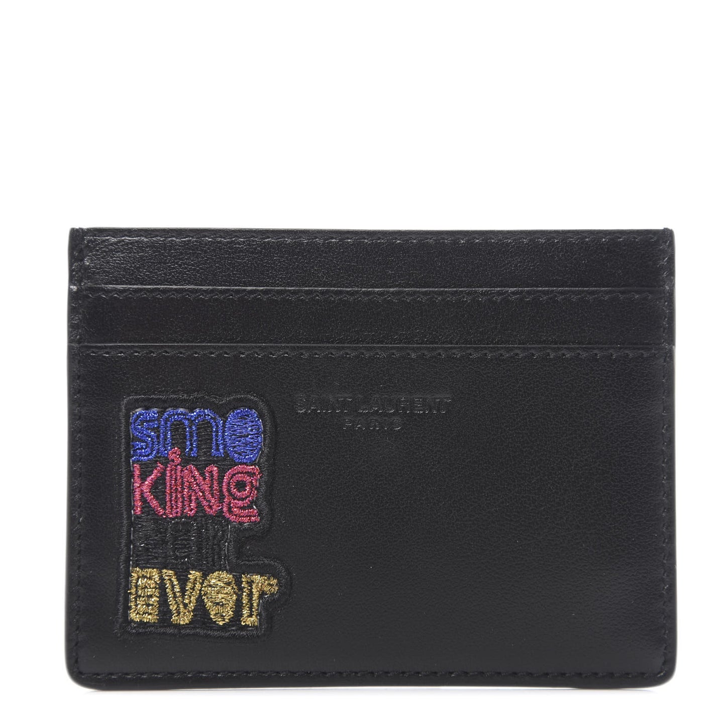 Calfskin Smoking Forever Patch Credit Card Case Black