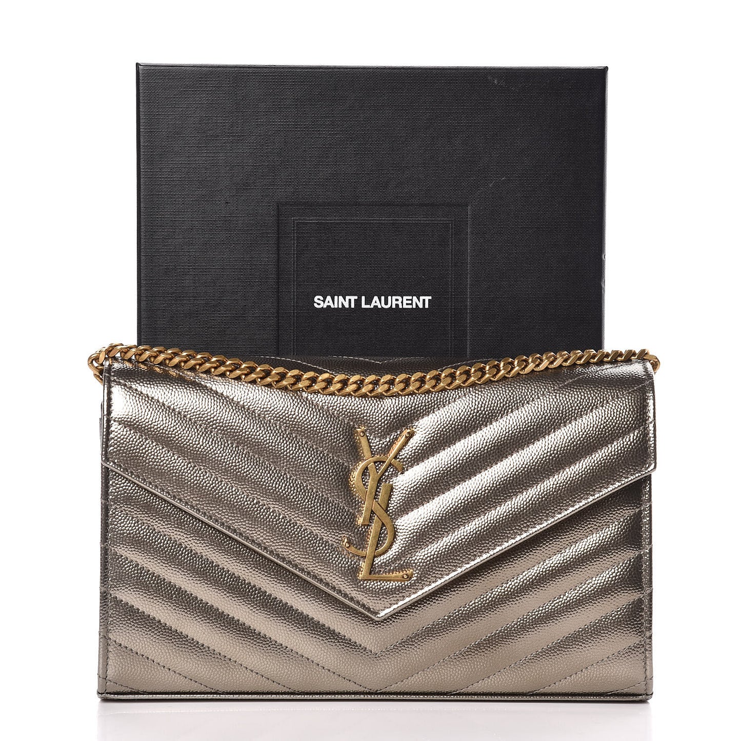 Iridescent Grain De Poudre Matelasse Chevron Monogram Chain Wallet Gold