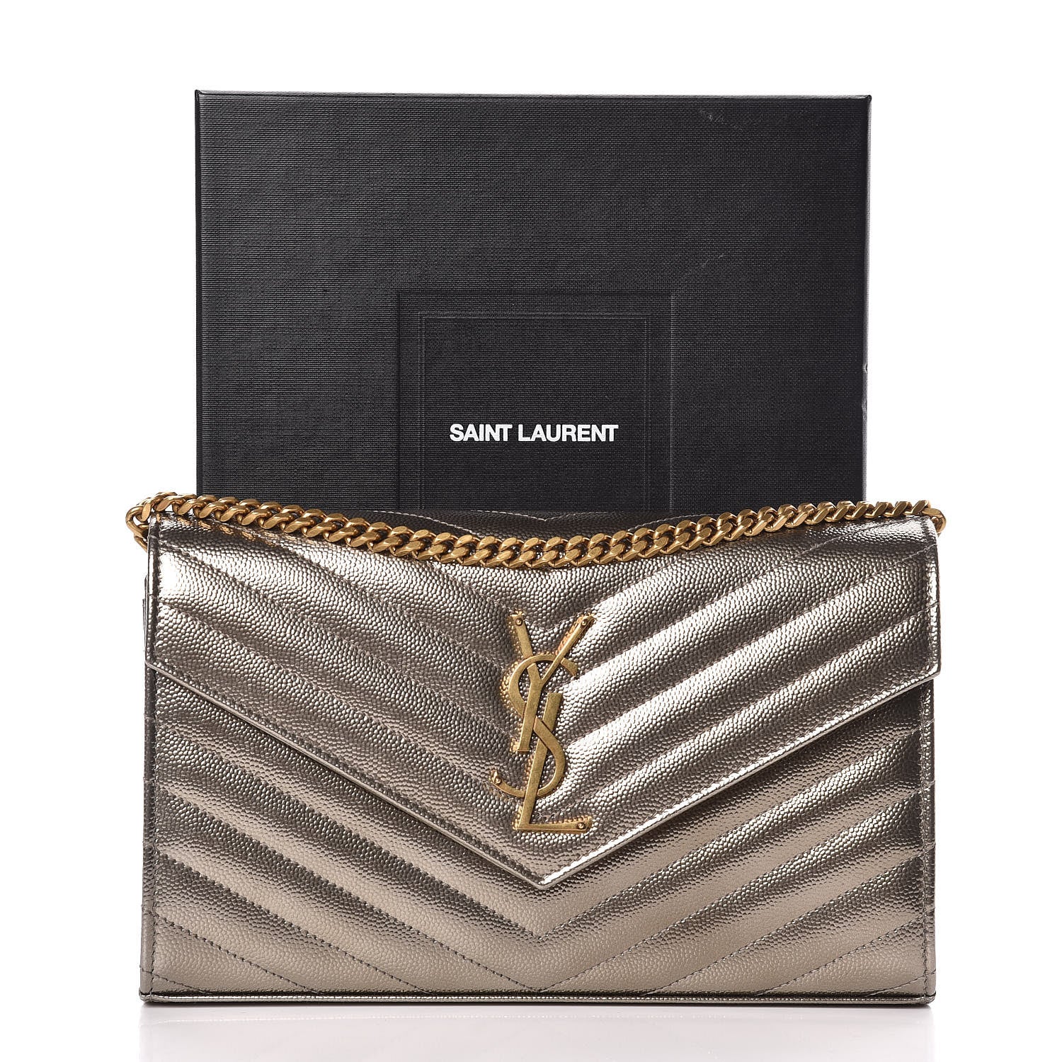 Saint Laurent Iridescent Grain De Poudre Matelasse Chevron Monogram Chain Wallet Gold 12 of 12