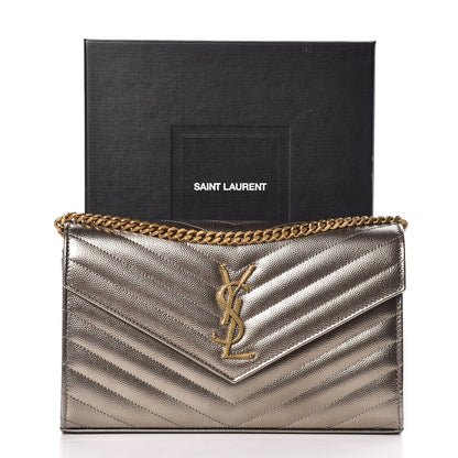Saint Laurent Iridescent Grain De Poudre Matelasse Chevron Monogram Chain Wallet Gold 12 of 12