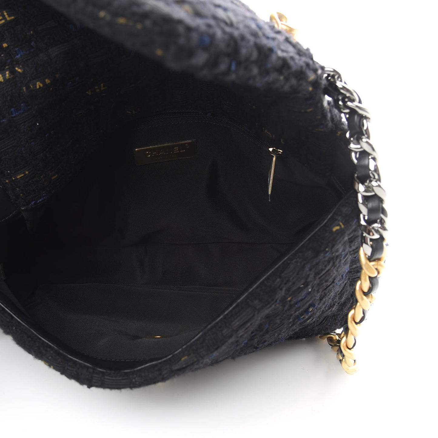 Tweed Quilted Large 19 Flap Black Navy Gold