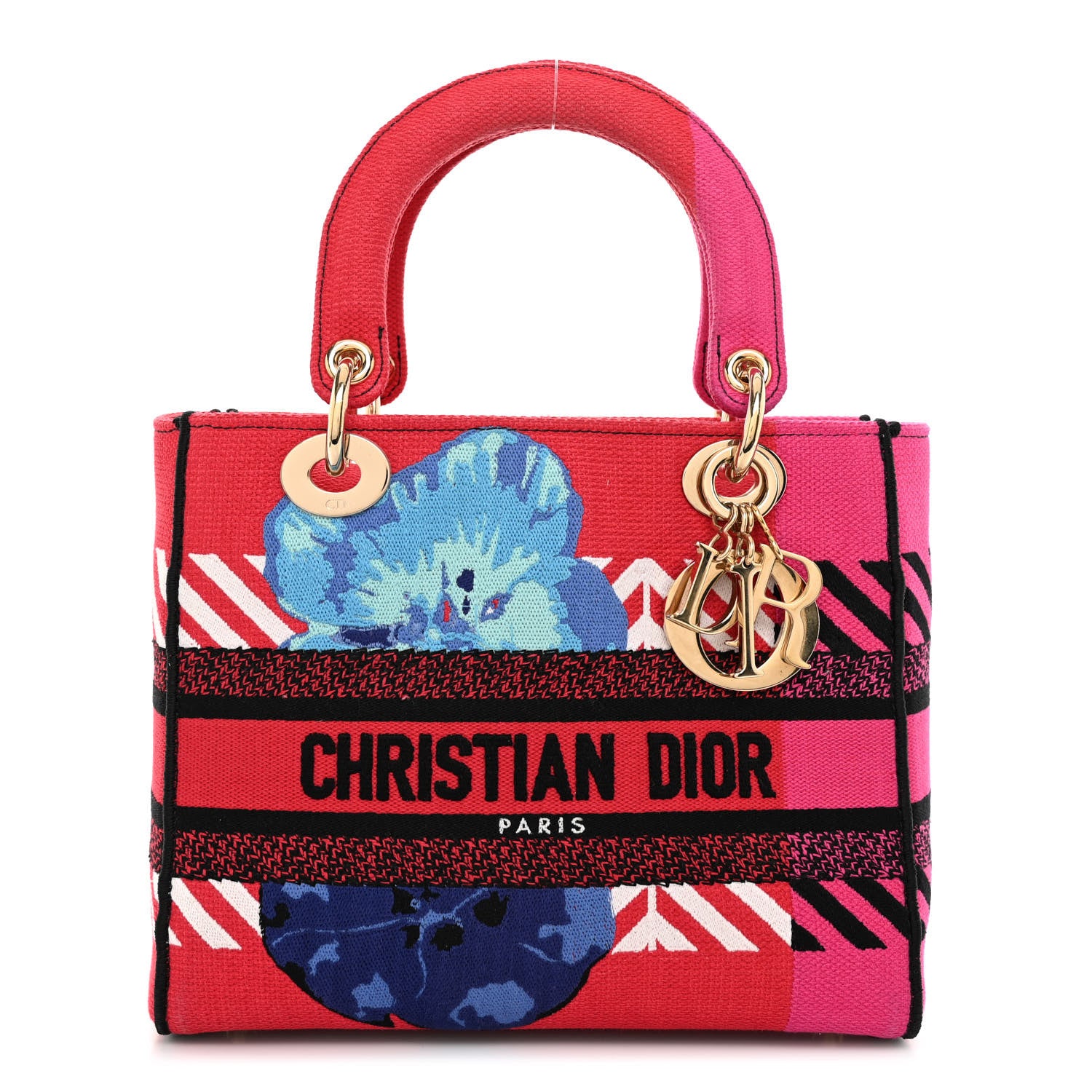 Christian Dior Canvas Embroidered Flower Pop Medium Lady D-Lite Red Pink 1 of 10