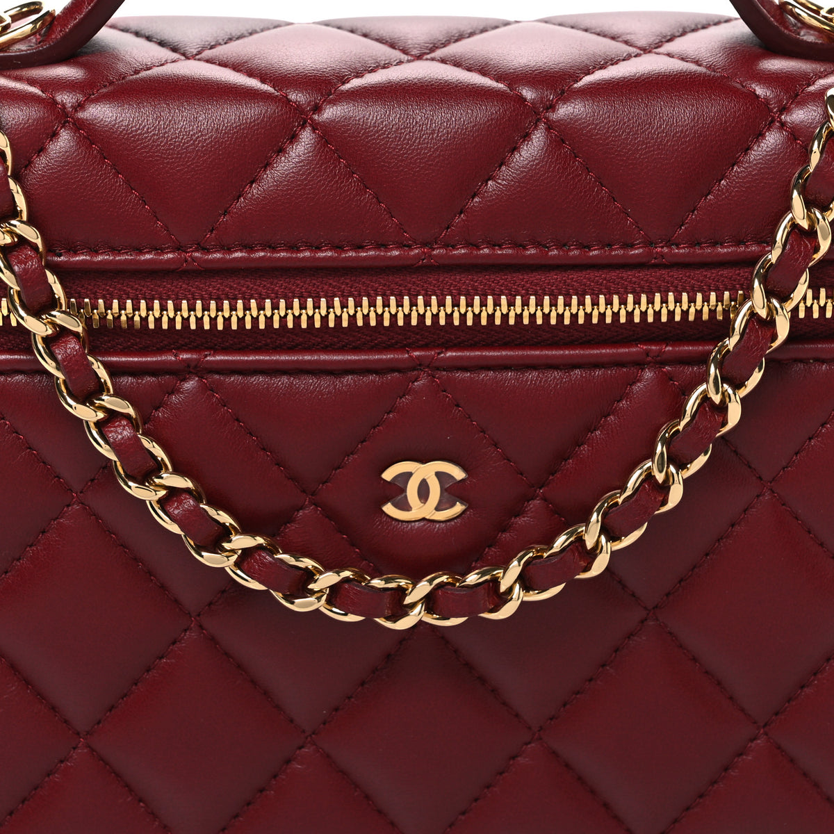 Lambskin Quilted Top Handle Slim Vanity With Chain Burgundy