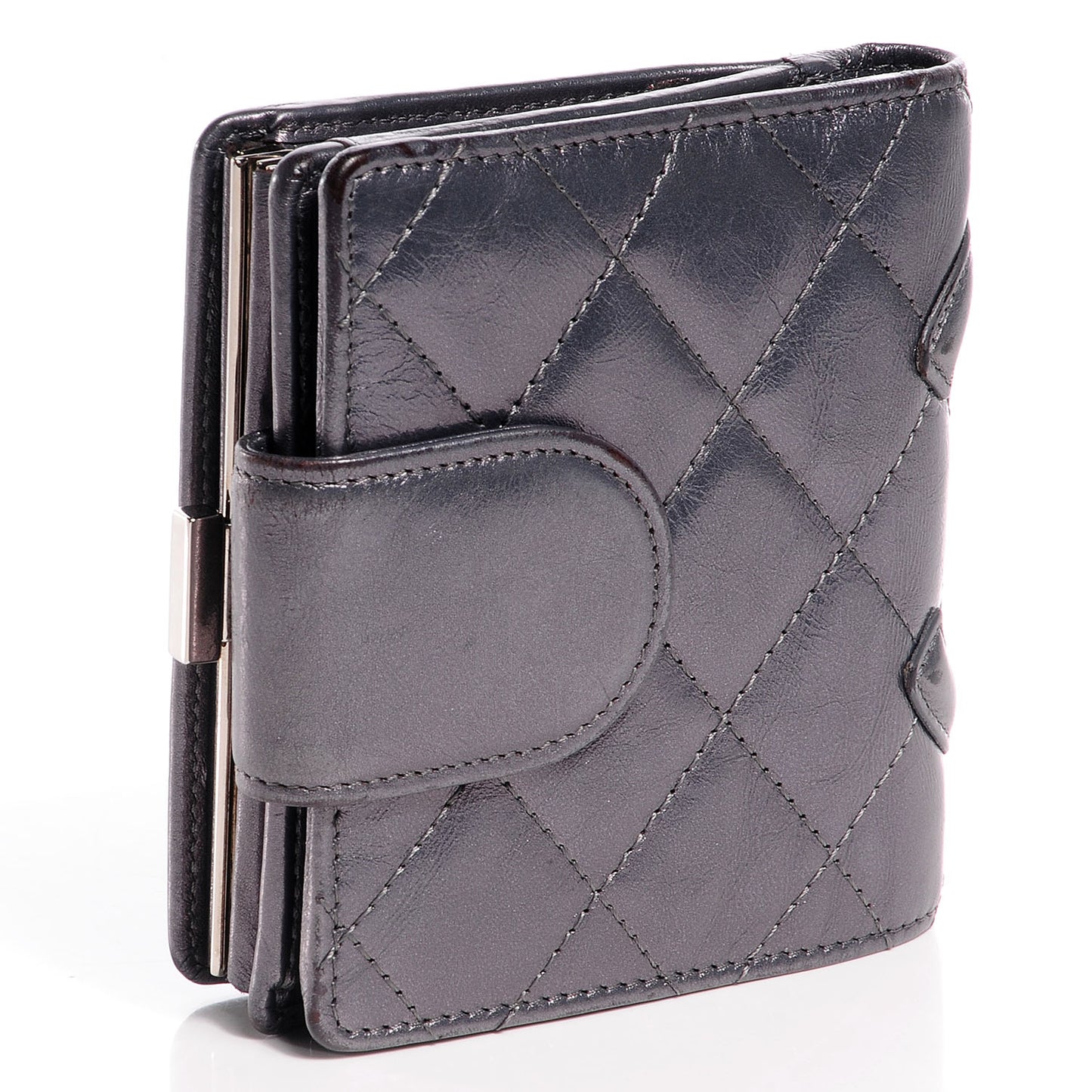 Metallic Calfskin Quilted Cambon Compact Wallet Dark Silver