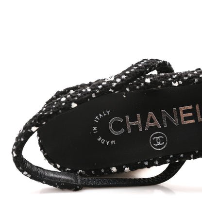 Chanel Tweed Grosgrain Cap Toe CC Slingback Pumps 37 Black White 8 of 9