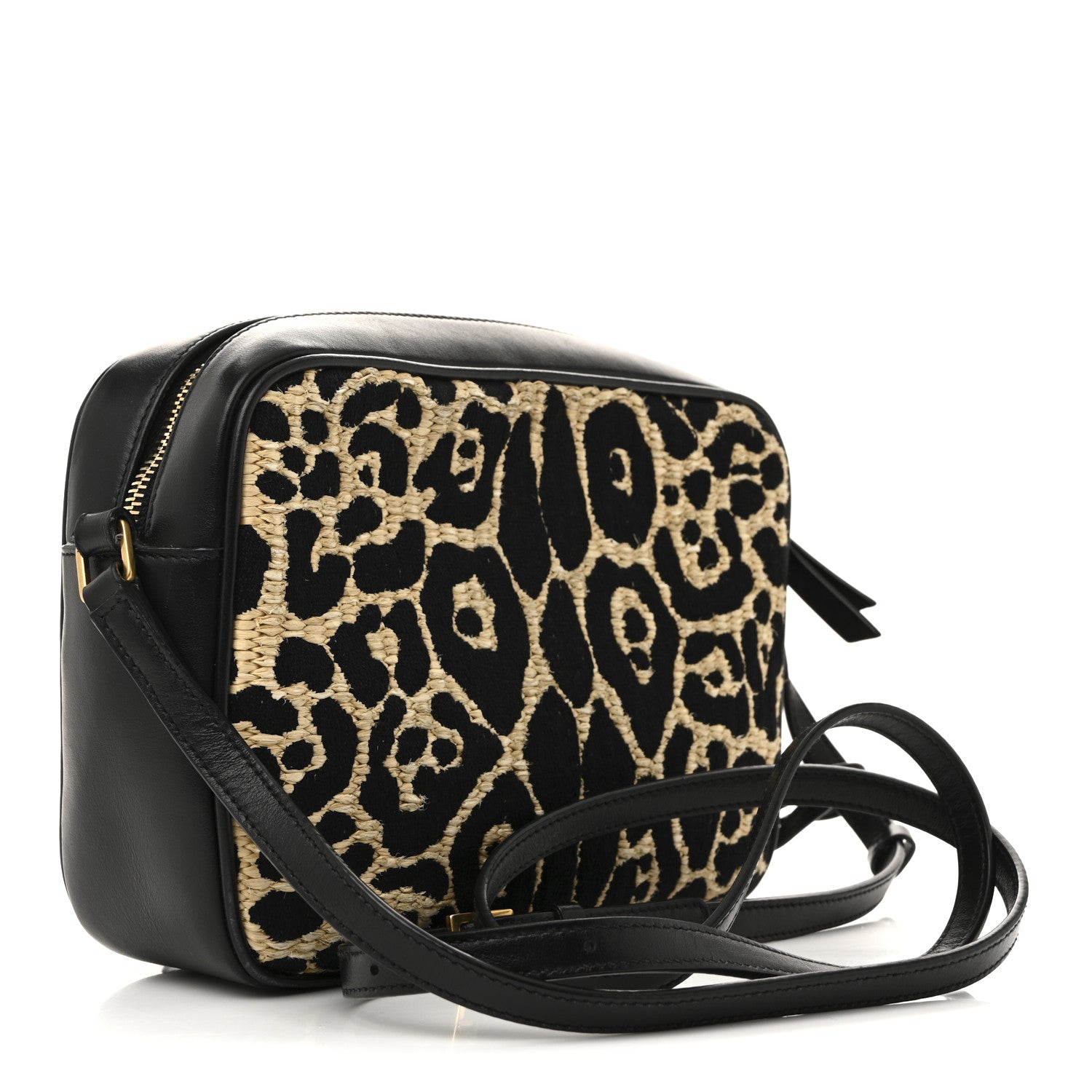 Saint Laurent Raffia Calfskin Leopard Print Monogram Lou Camera Bag Natural Beige Black 3 of 12