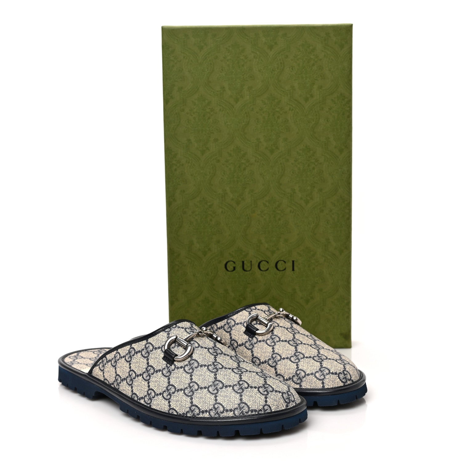 Gucci GG Supreme Monogram Granada Kid Mens Horsebit Lug Sole Mules 9 Beige Blue 9 of 9