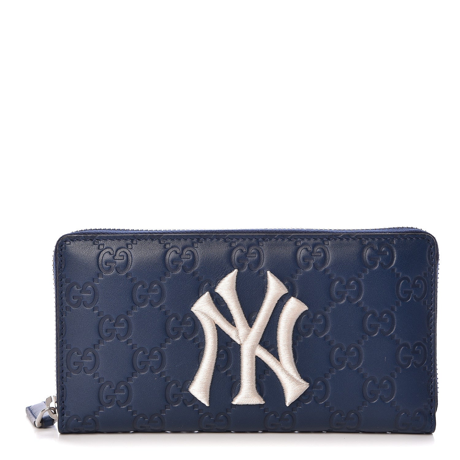 Gucci X MLB Guccissima Signature NY Yankees Embroidered Zip Around Wallet Royale Ivory 1 of 8