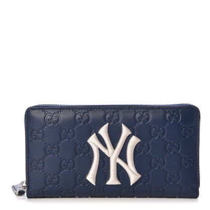 Gucci X MLB Guccissima Signature NY Yankees Embroidered Zip Around Wallet Royale Ivory 1 of 8