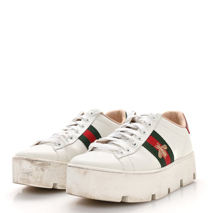 Gucci Calfskin Web Bee Embroidered Womens Ace Platform Sneakers 38 White 4 of 8