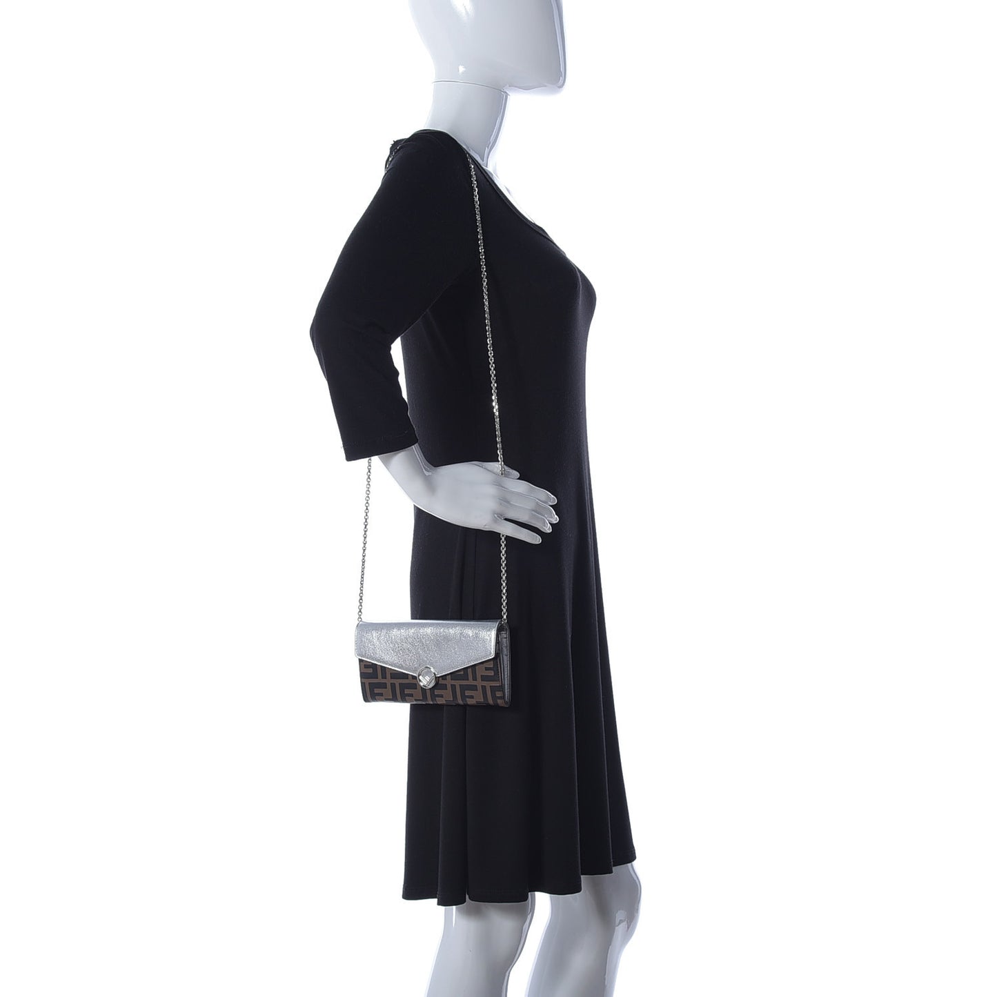 Vitello Soft Catalan Mirror F is Fendi Bi-Color FF 1974 Embossed Continental Envelope Wallet On Chain Maya Black Argento