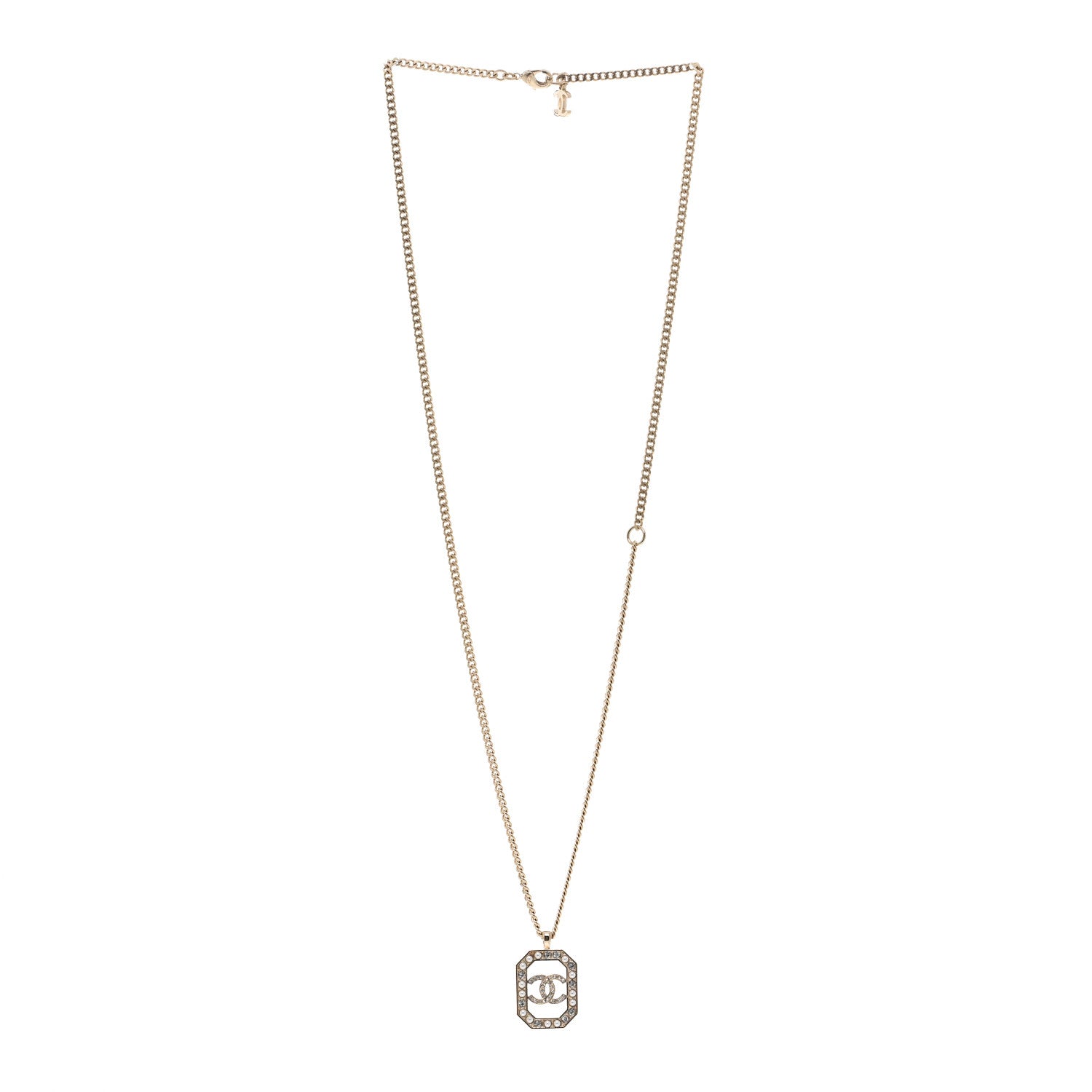 Chanel Crystal Pearl CC Square Pendant Necklace Gold 3 of 5