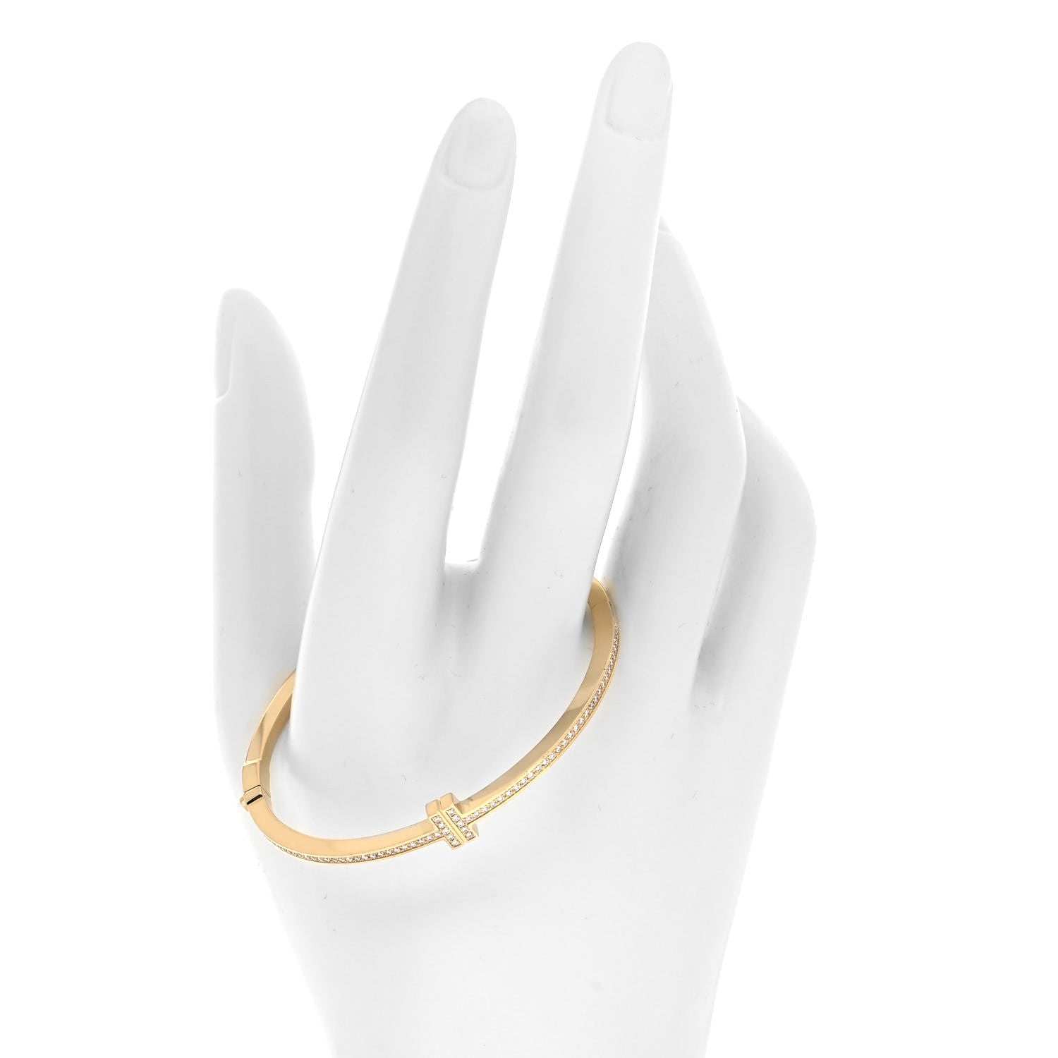 Tiffany 18K Yellow Gold Diamond T Hinged Wire Bangle Bracelet 2 of 4