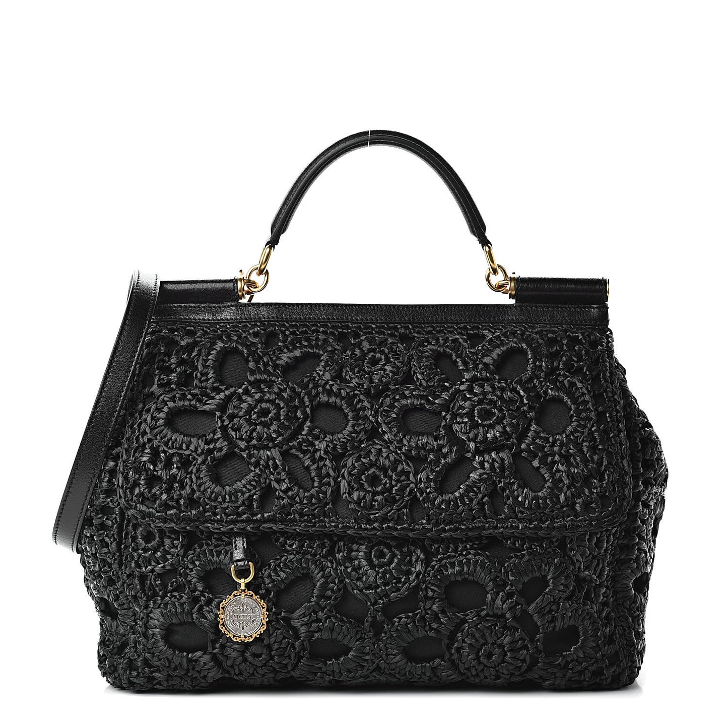 Calfskin Straw Crocheted Large Embroidered Laser Cut Miss Sicily Satchel Black