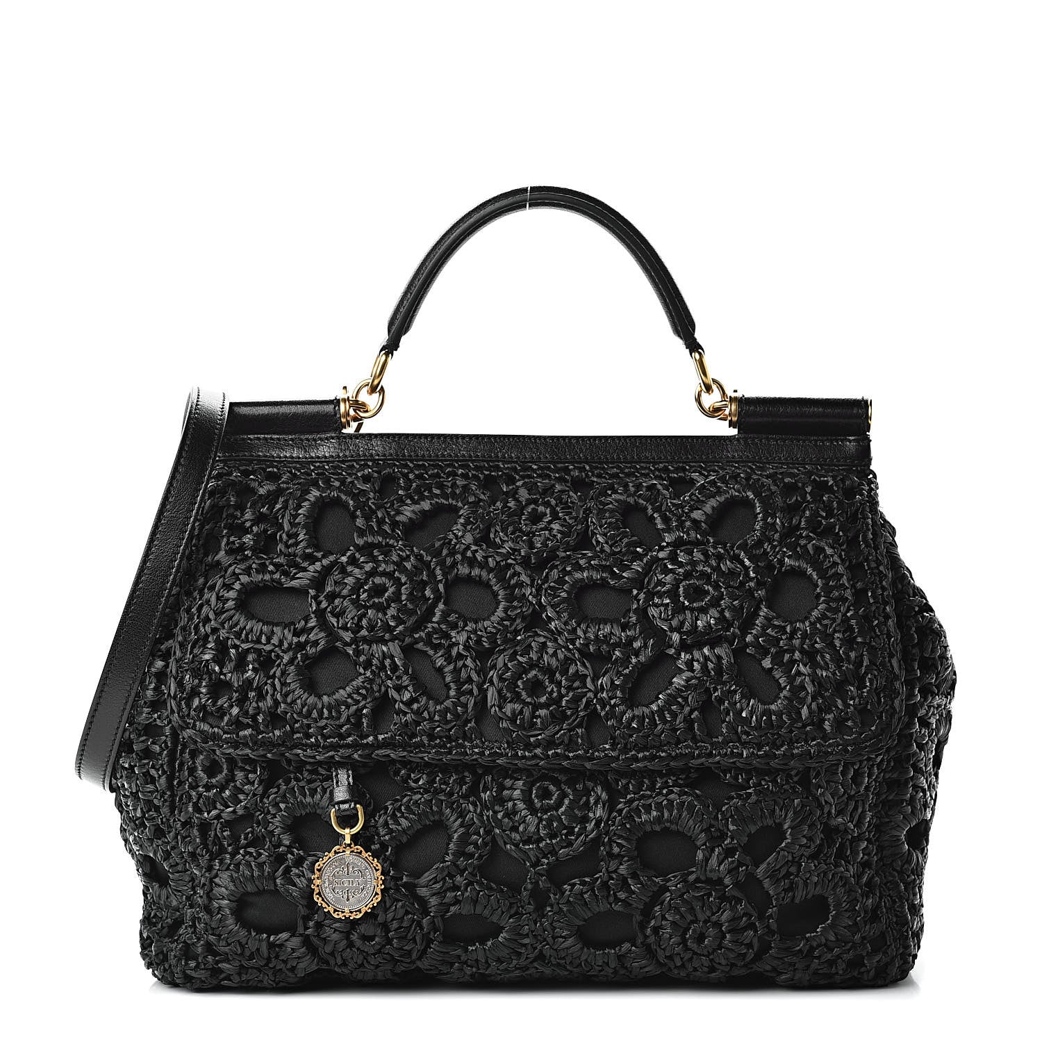 Dolce & Gabbana Calfskin Straw Crocheted Large Embroidered Laser Cut Miss Sicily Satchel Black 1 of 12