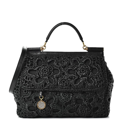 Dolce & Gabbana Calfskin Straw Crocheted Large Embroidered Laser Cut Miss Sicily Satchel Black 1 of 12