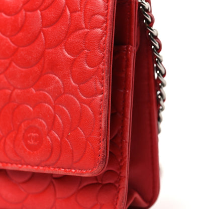 Chanel Lambskin Camellia Embossed Wallet on Chain WOC Red 12 of 13