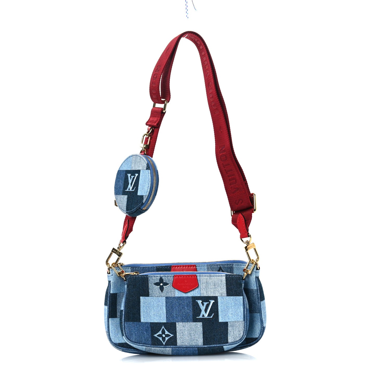 Denim Damier Monogram Patchwork Multi Pochette Accessories Blue Rouge