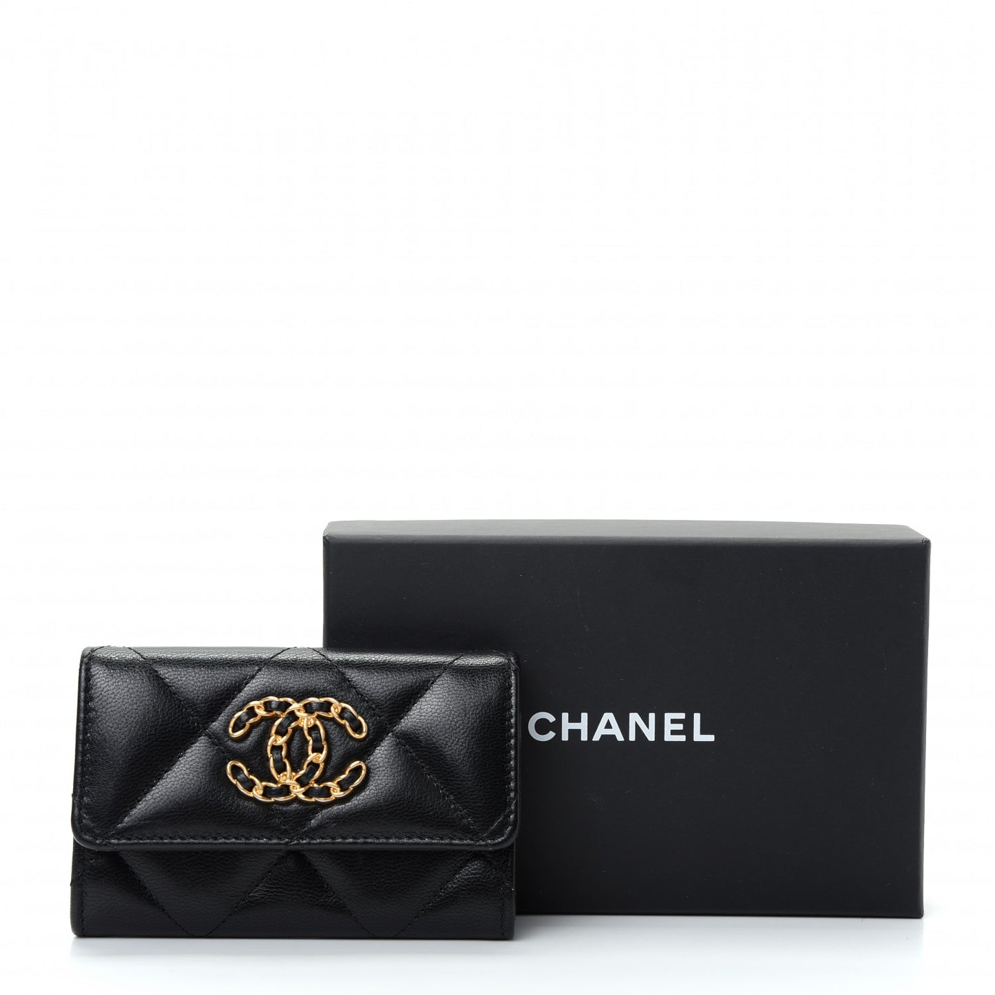 Shiny Goatskin Quilted Chanel 19 Flap Card Holder Black