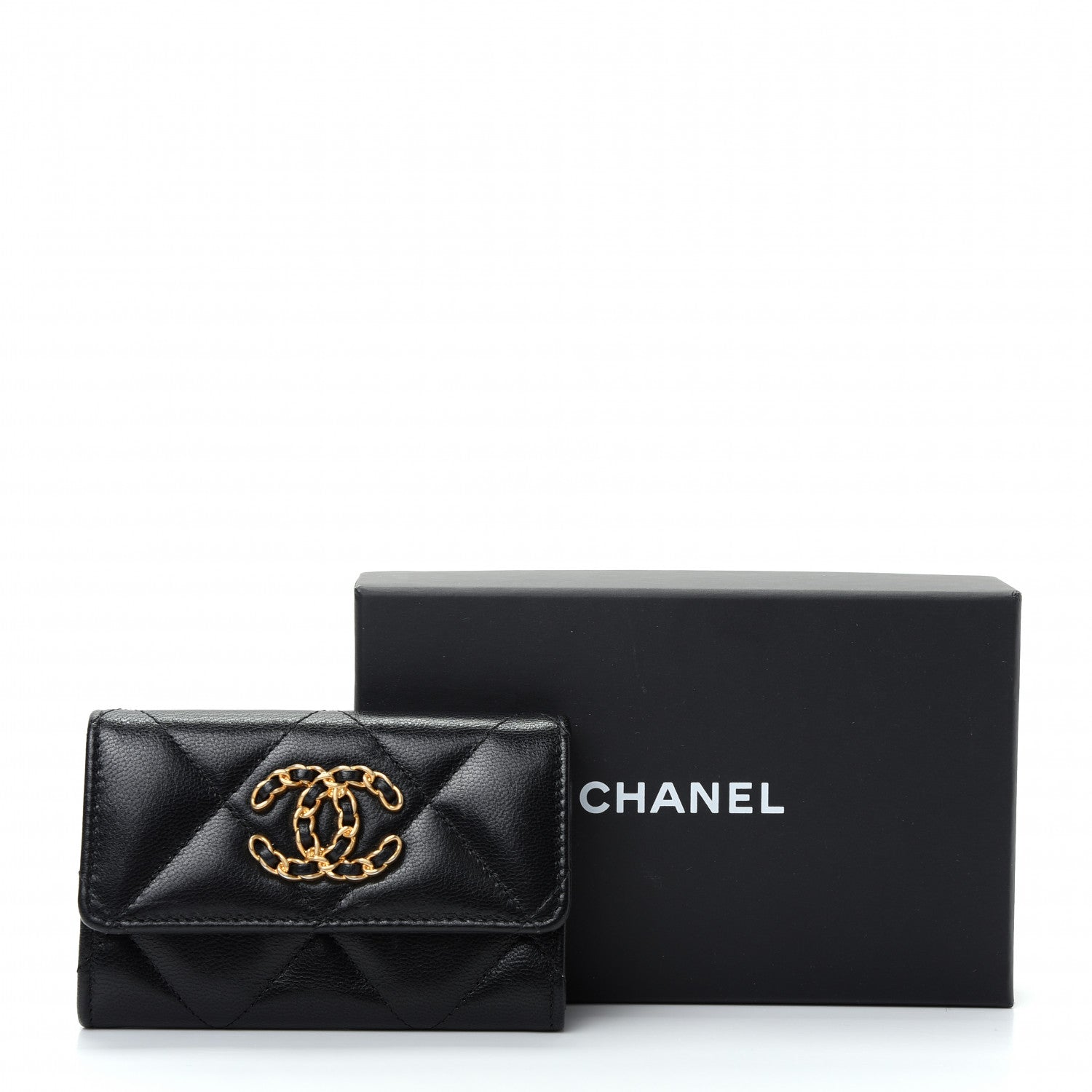 Chanel Shiny Goatskin Quilted Chanel 19 Flap Card Holder Black 9 of 9