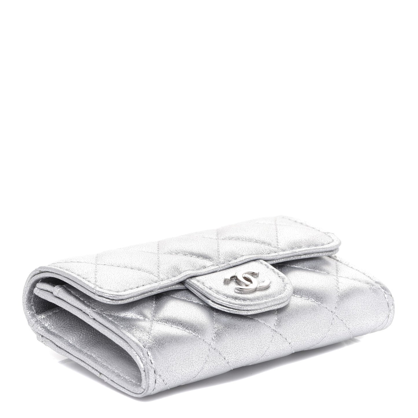 Metallic Lambskin Quilted Flap Card Holder Wallet Silver
