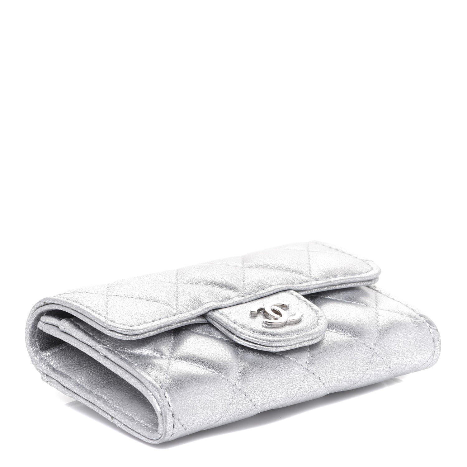 Chanel Metallic Lambskin Quilted Flap Card Holder Wallet Silver 4 of 9