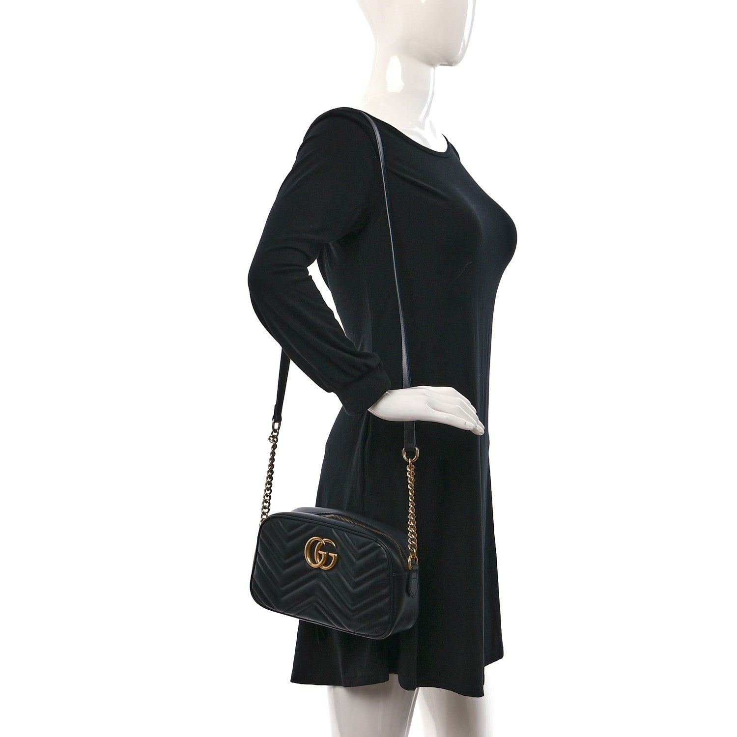 Gucci Calfskin Matelasse Small GG Marmont Chain Shoulder Bag Black 2 of 9