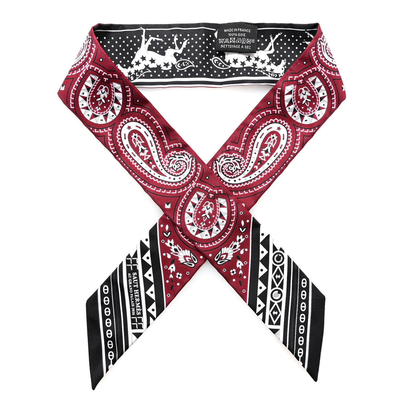 Silk Cheval De Coeur Bandana Twilly Bordeaux Black White