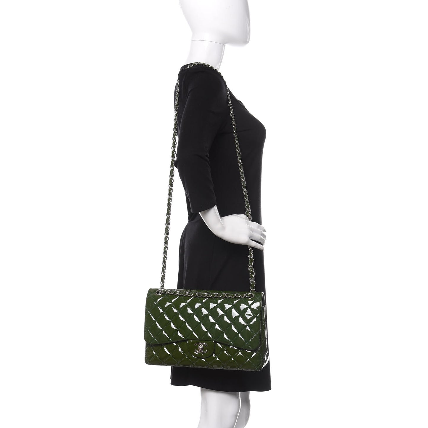 Patent Calfskin Quilted Jumbo Double Flap Green