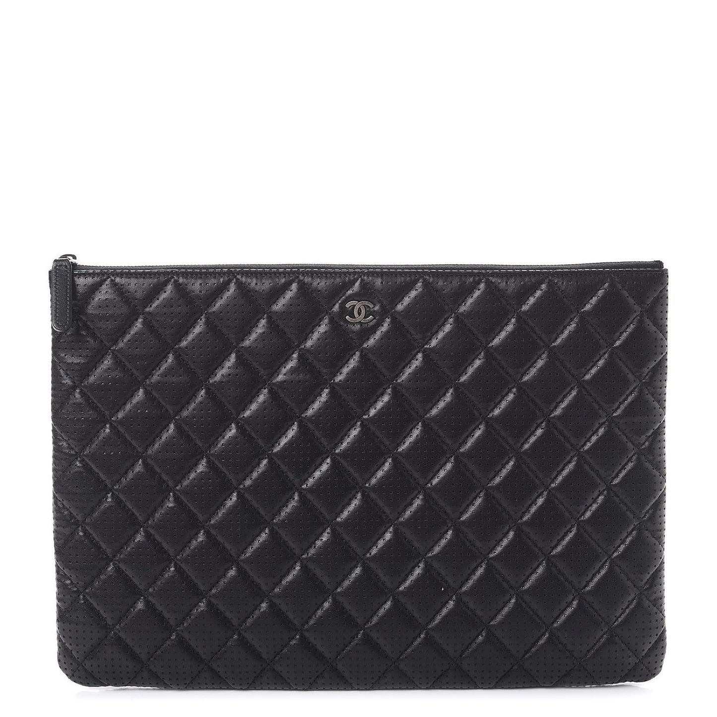Perforated Lambskin Quilted Large Zip Pouch Black