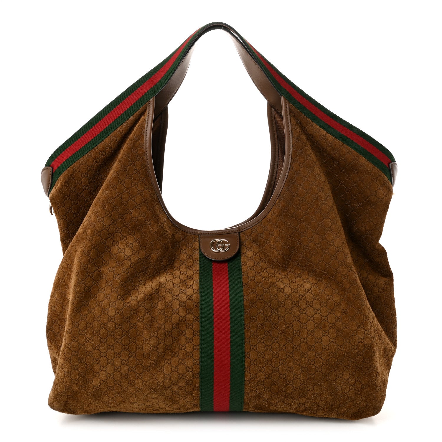 Gucci Suede GG Monogram Web Large Giglio Tote Brown 1 of 11