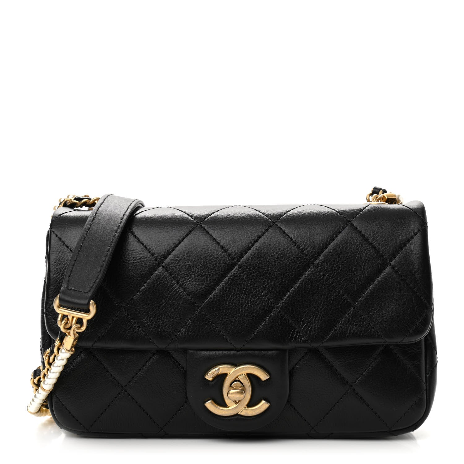 Chanel Calfskin Quilted Mini Rectangular Crystal Pearls Chain Flap Black 1 of 11