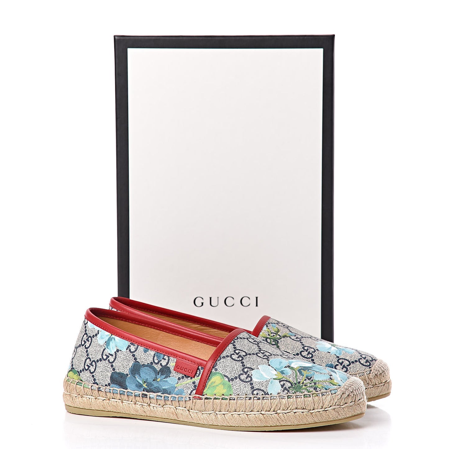GG Supreme Monogram Blooms Espadrilles 38.5 Beige Blue Navy Hibiscus Red