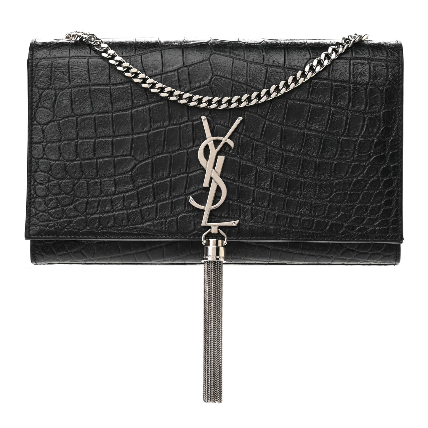 Calfskin Crocodile Embossed Medium Classic Monogram Kate Tassel Satchel Black