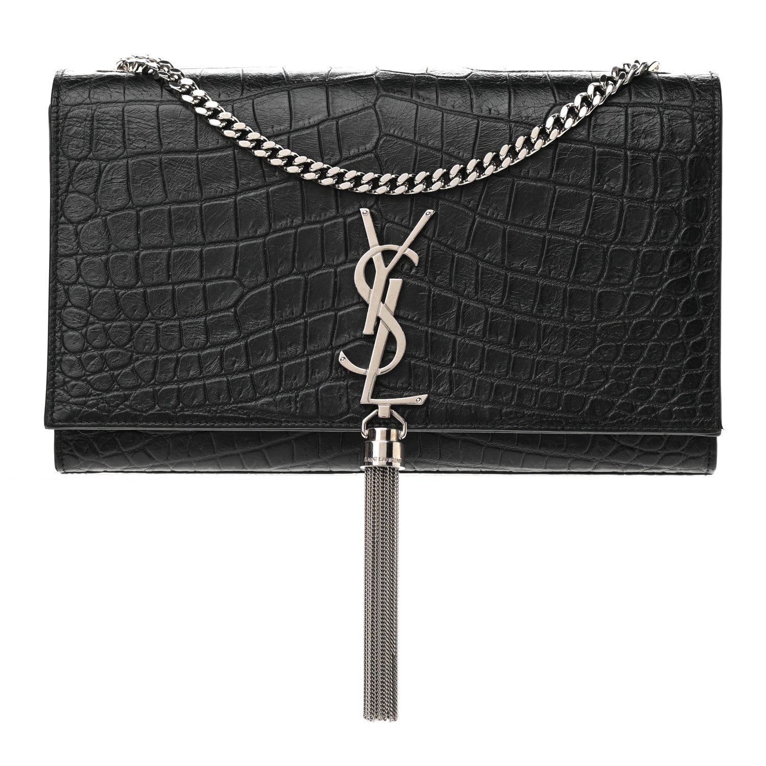 Saint Laurent Calfskin Crocodile Embossed Medium Classic Monogram Kate Tassel Satchel Black 1 of 11