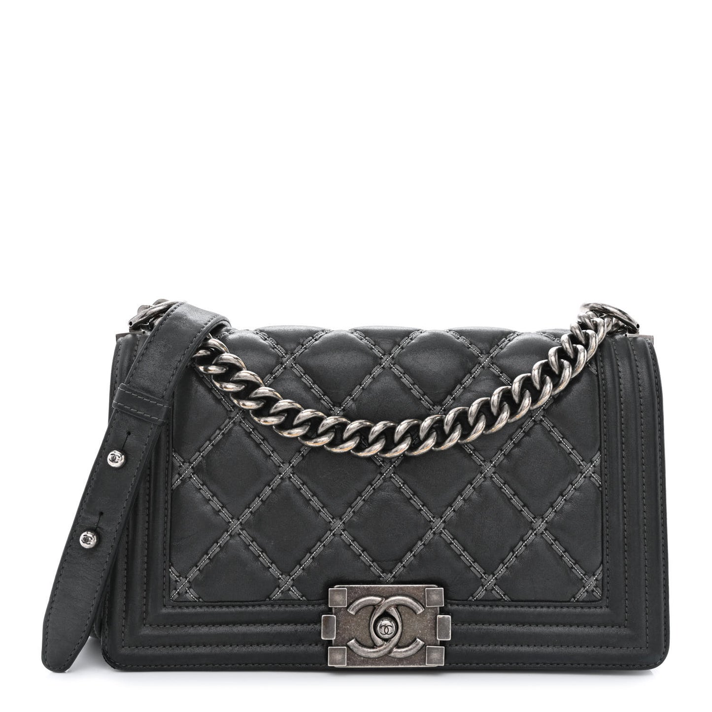 Iridescent Calfskin Embellished Double Stitch Medium Boy Flap Black