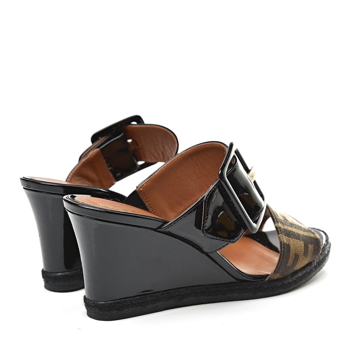 Patent Fabric FF Wedge Sandals 36 Tobacco Black