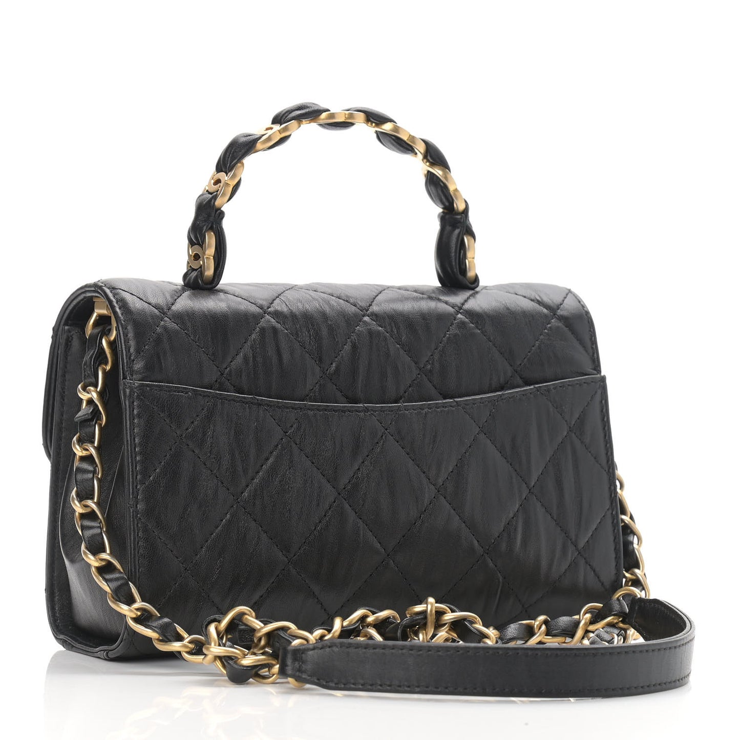 Crumpled Lambskin Quilted Mini CC Links Top Handle Flap Black