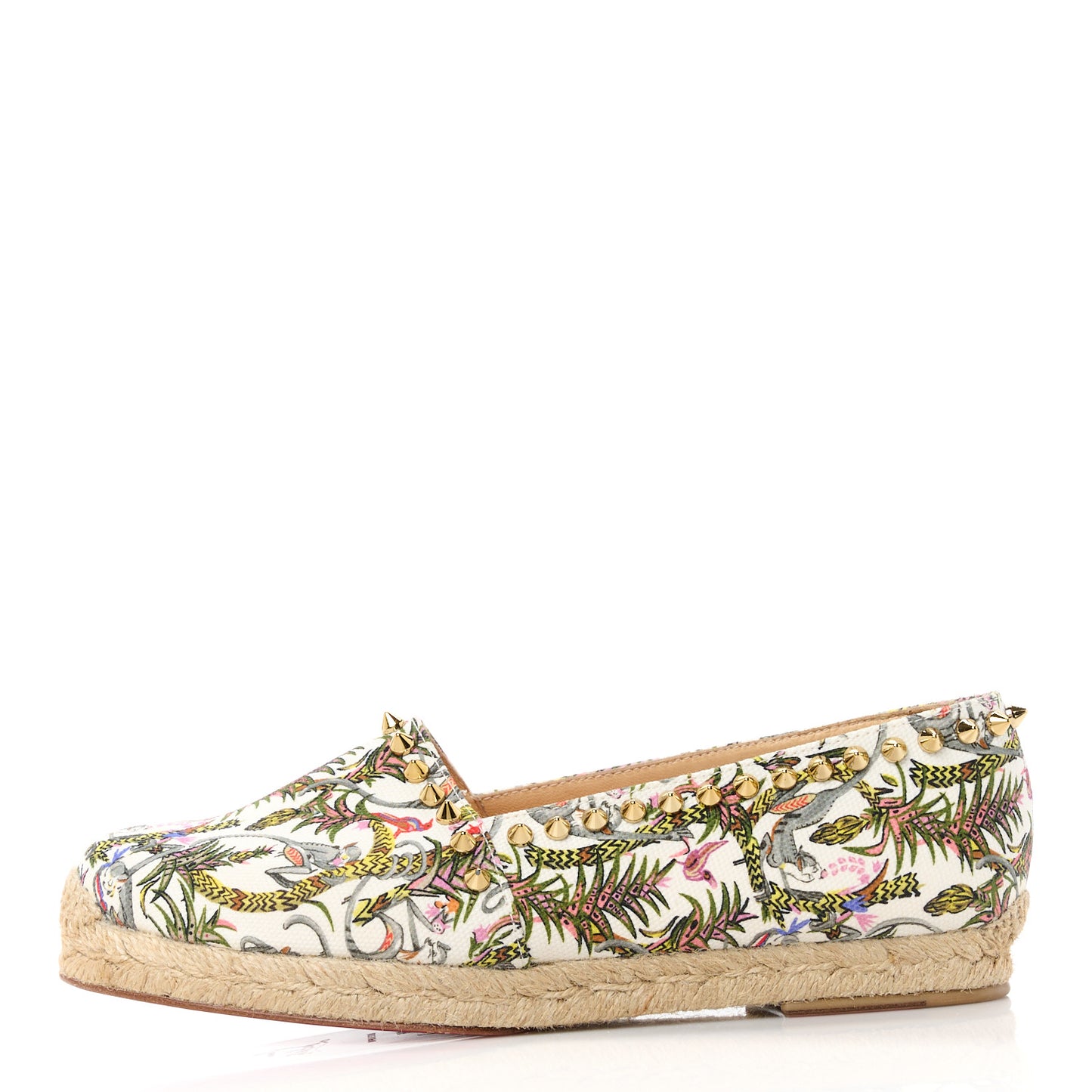 Canvas Loubi Jungle Print Ares Spikes Flat Espadrilles 36 Ivory Gold