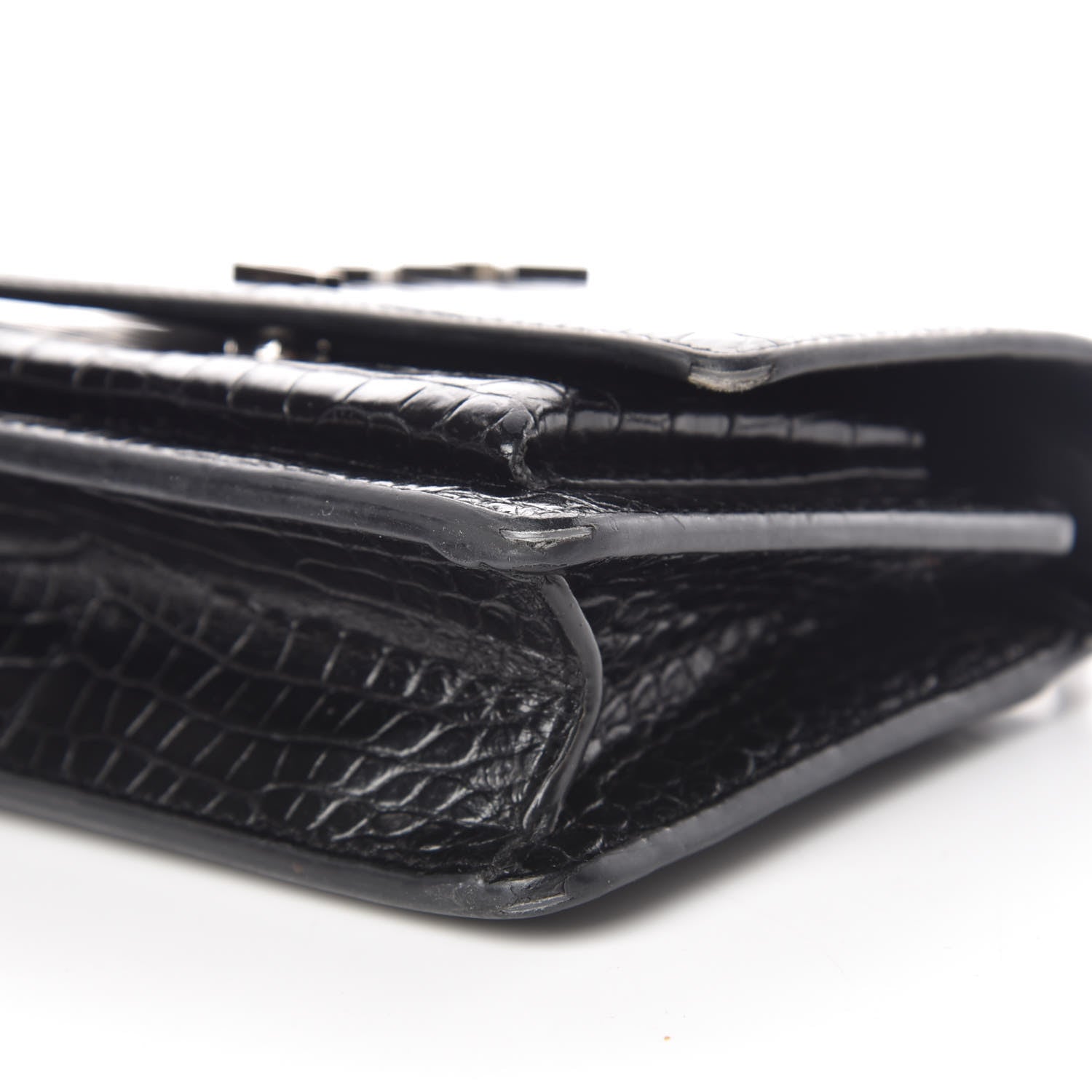 Saint Laurent Calfskin Crocodile Embossed Monogram Sunset Chain Wallet Black 6 of 12