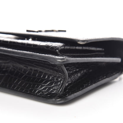 Saint Laurent Calfskin Crocodile Embossed Monogram Sunset Chain Wallet Black 6 of 12