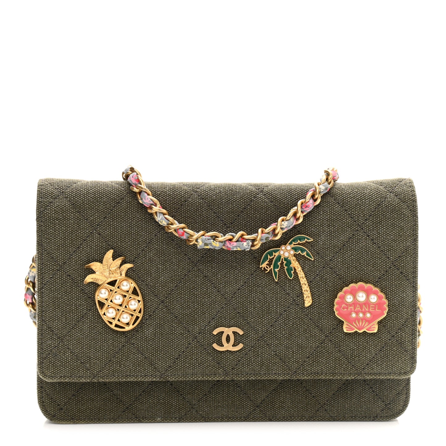 Canvas Quilted Coco Cuba Charms Wallet On Chain WOC Khaki