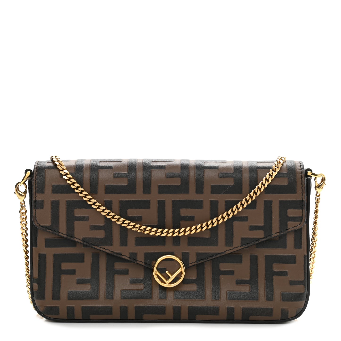 Vitello Soft F is Fendi Bi-Color FF 1974 Embossed Envelope Wallet on Chain Maya Black