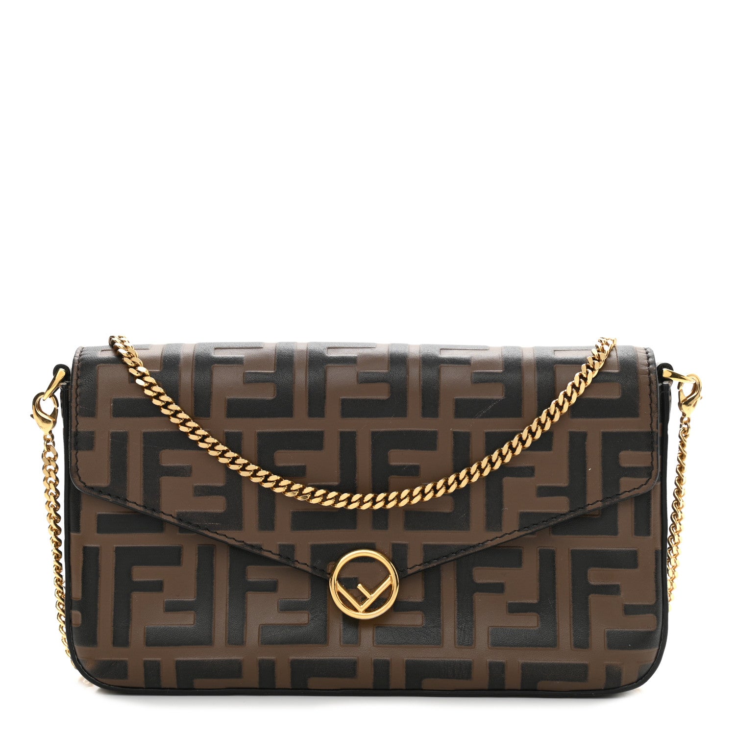 Fendi Vitello Soft F is Fendi Bi-Color FF 1974 Embossed Envelope Wallet on Chain Maya Black 1 of 9