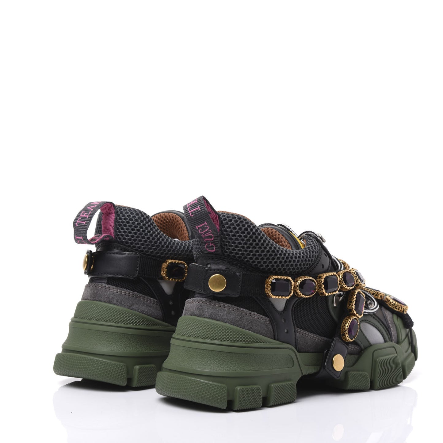 X SEGA Mesh Suede Calfskin Removable Crystals Flashtrek Sneakers 36 Loess Black Olive Green